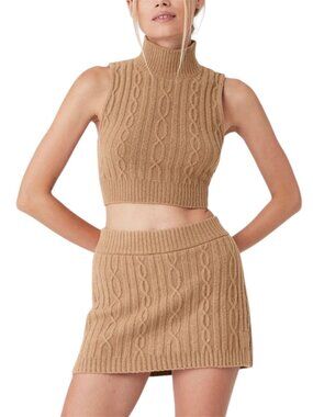 Alo Yoga Winter Bliss Cable Knit Toasted Almond Brown Tank Mini Skirt Set S/M